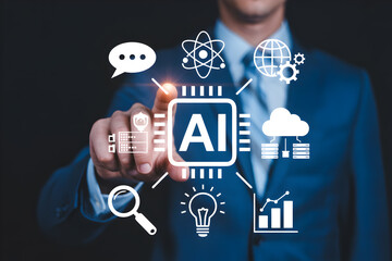Businessman interacting with artificial intelligence interface showcasing ai technology machine learning and data analysis with icons representing cloud computing and global networks for business solu