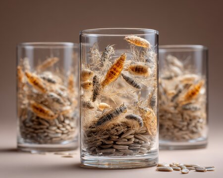Close-Up of Glass Containing Sunflower Seeds Infested with Indianmeal Moth Larvae, Highlighting Pantry Moth Damage to Grains