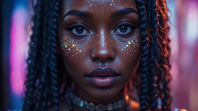 Black woman with glitter-adorned braids, illuminated by bright bokeh lights. 4k video