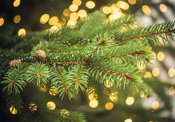 Vintage Festive Glow with Abstract Bokeh Lights Framing Close-Up Pine Branches