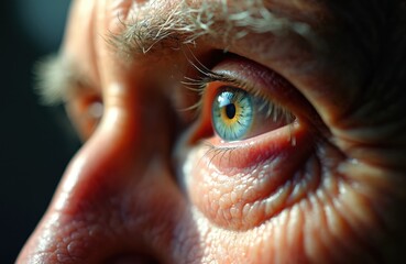 Detailed photo shows old man eye. The blue eye has a yellow center. Elderly human facial details highlight ageing. Health issues vision problems are visible.