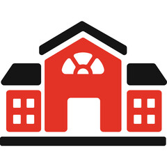 Red and Black Building Icon with Symmetrical Design and Transparent Background Suitable for Architectural or Educational Themes