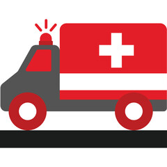 Red Ambulance Truck with White Cross Emblem and Flashing Lights on a Dark Road Surface in a Simple Flat Design Style