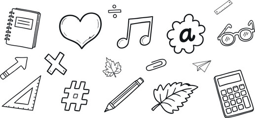 Hand drawn school and learning icons in black and white doodle style
