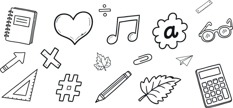 Hand drawn school and learning icons in black and white doodle style - Powered by Adobe