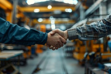 Two adults shaking hands in a factory setting expressing agreement