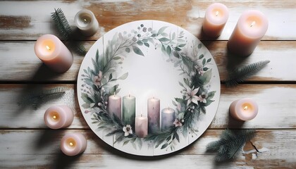 Cozy christmas candles and wreath on rustic wood background for holiday season decoration and celebration mood