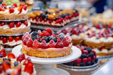 Delicious cake with fresh berries displayed at a bakery