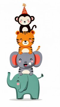 Playful animal tower balancing act with elephant, tiger, and monkey in party hat