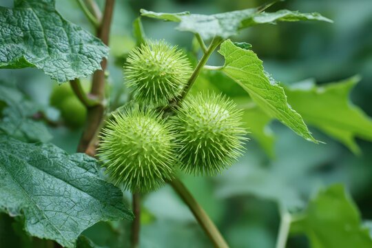 Close-Up of Rough Cocklebur Seeds and Leaves of Xanthium Strumarium in Natural Green Environment