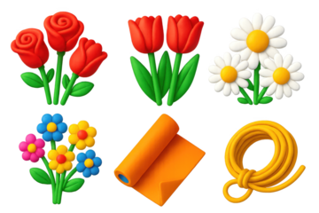 Collection of six flower icons, each with a unique design. The flowers include roses, tulips, and daisies, with some of them having a more intricate and detailed appearance