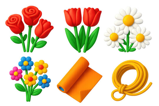 Collection of six flower icons, each with a unique design. The flowers include roses, tulips, and daisies, with some of them having a more intricate and detailed appearance
