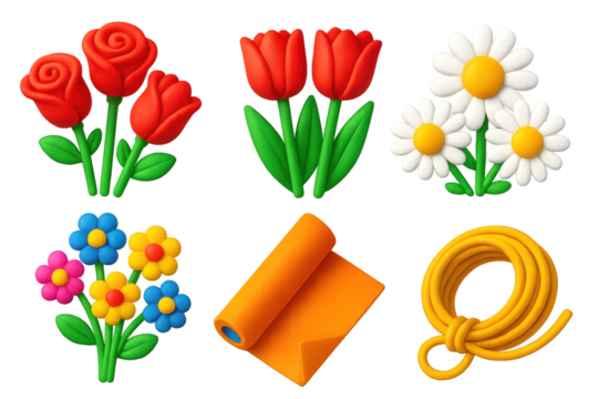 Collection of six flower icons, each with a unique design. The flowers include roses, tulips, and daisies, with some of them having a more intricate and detailed appearance - Powered by Adobe