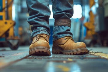 Adult wearing work boots in a busy industrial environment