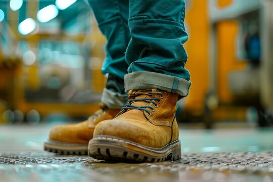 Close-up of work boots on a factory floor showing determination and readiness