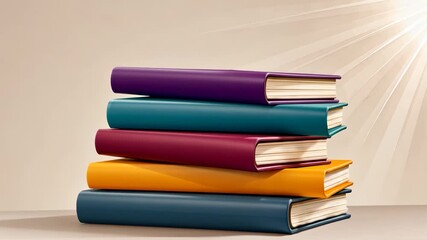 Colorful books stacked dramatically in sunlight progression