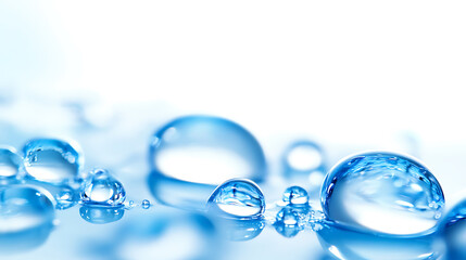 Macro of blue water drops on white background with soft lighting