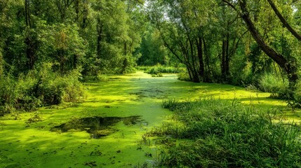 Serene wetland filled with green algae surrounded by dense trees and lush foliage under bright sunlight.