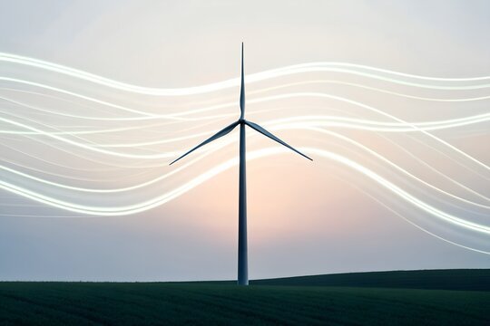 Wind turbine with abstract glowing airflow lines at sunset, symbolizing renewable wind energy, sustainability, and innovative clean power technologies.