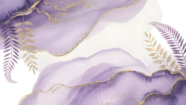 Luxury purple and gold liquid marble watercolor background , Elegant flowing violet abstract border with golden fern leaves , Premium artistic vector template: lilac and gold agate design