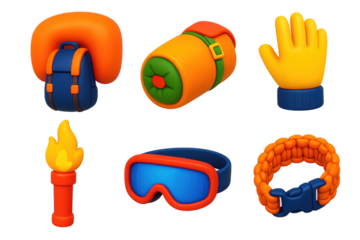 Collection of cartoon characters with various items, including a backpack, a tent, a ski helmet, and a life jacket