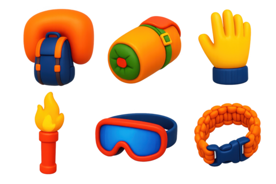 Collection of cartoon characters with various items, including a backpack, a tent, a ski helmet, and a life jacket