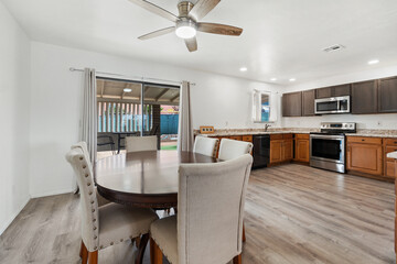 This is a modern kitchen and dining area designed with an open layout