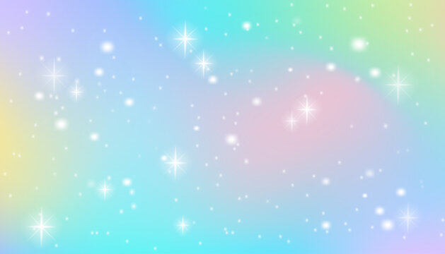 Pastel unicorn holographic gradient with sparkles.Soft pink,purple and rainbow fantasy background for magical vector illustration, dreamy kids party design,festive wallpaper fairytale-themed decor