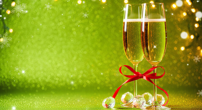 Two champagne glasses tied with a red ribbon on a bright green Christmas background. Festive holiday mood, celebration, New Year atmosphere and elegant winter party concept. - Powered by Adobe