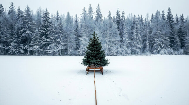 Lonely Christmas tree on wooden sled in the middle of a snowy field, pulled by a rope toward a frosted winter forest, minimalistic serene landscape with peaceful cold atmosphere