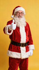 Cheerful man dressed as Santa Claus giving a thumbs up against a bright yellow background during the holiday season celebration