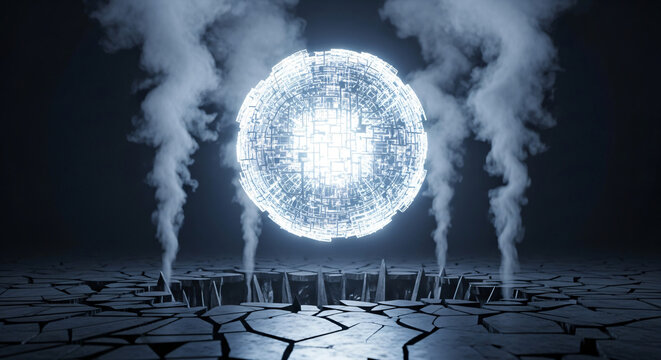 Mysterious glowing orb emerges from cracked earth with swirling smoke, hinting at futuristic discovery and unknown power