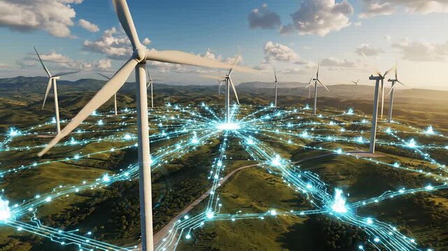 Wind turbines spinning amidst open terrain, conceptually representing technological innovation harnessing natures power for sustainable energy solutions, perfect for backgrounds in documentaries.