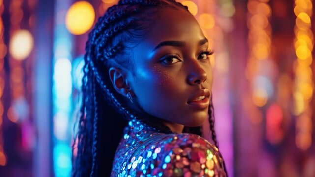 Black woman with glitter-adorned braids, illuminated by bright bokeh lights. 4k video