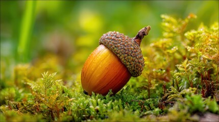 A vibrant acorn sits amidst soft moss surrounded by a peaceful forest kissed by morning dew.