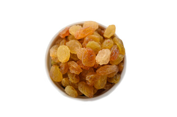 Golden Raisins in a White Ceramic Bowl Top View