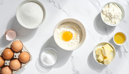 Overhead flat lay baking ingredients flour eggs butter