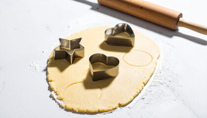 Vertical cookie cutters pressing raw shortbread dough