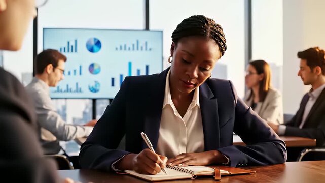 African American businesswoman intensely focused on notebook notes amidst collaborative discussion and intellectual pursuit, capturing synergy between diverse perspectives driving global.