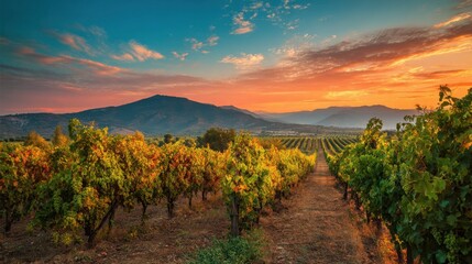 Naklejka premium Vibrant sunset casts warm colors over rows of grapevines in a peaceful vineyard landscape.