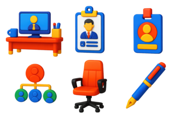 Set of office icons including a computer, a chair, a pen, and a clipboard. The icons are all in bright colors and appear to be 3D
