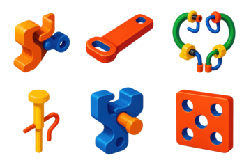 Set of six colorful plastic toys, including a wrench, a screwdriver, a hammer, a pair of pliers, a pair of scissors, and a pair of tweezers