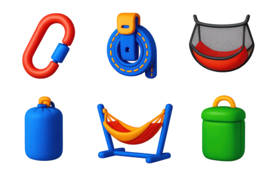 Collection of items that are related to outdoor activities. The items include a backpack, a rope, a hammock, a tent, a sleeping bag, and a cooler. Concept of adventure and excitement