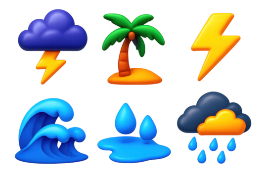 Set of six different weather icons, including a palm tree, a wave, a cloud, a raindrop, a lightning bolt, and a storm cloud. The icons are all in different colors and sizes