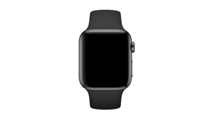 Modern smartwatch with black strap and blank display, png, isolated on transparent background, perfect for design and marketing, top view, flat lay