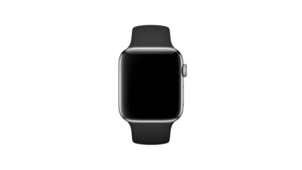 Modern smartwatch with black strap and blank display, png, isolated on transparent background, perfect for design and marketing, top view, flat lay