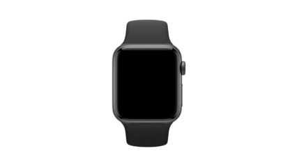 Modern smartwatch with black strap and blank display, png, isolated on transparent background, perfect for design and marketing, top view, flat lay