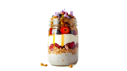 Healthy breakfast granola meal with fruits, fancy yoghurt with chia pudding, and honey front view, png, isolated on transparent background, perfect for food marketing and advertising