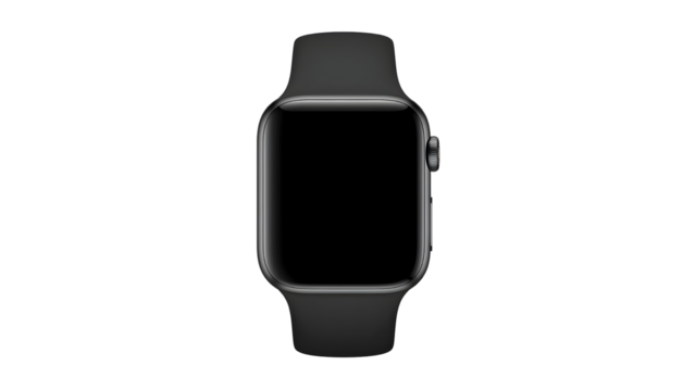 Modern smartwatch with black strap and blank display, png, isolated on transparent background, perfect for design and marketing, top view, flat lay