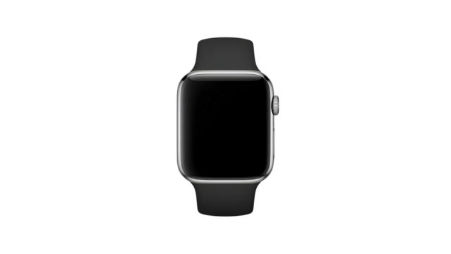 Modern smartwatch with black strap and blank display, png, isolated on transparent background, perfect for design and marketing, top view, flat lay